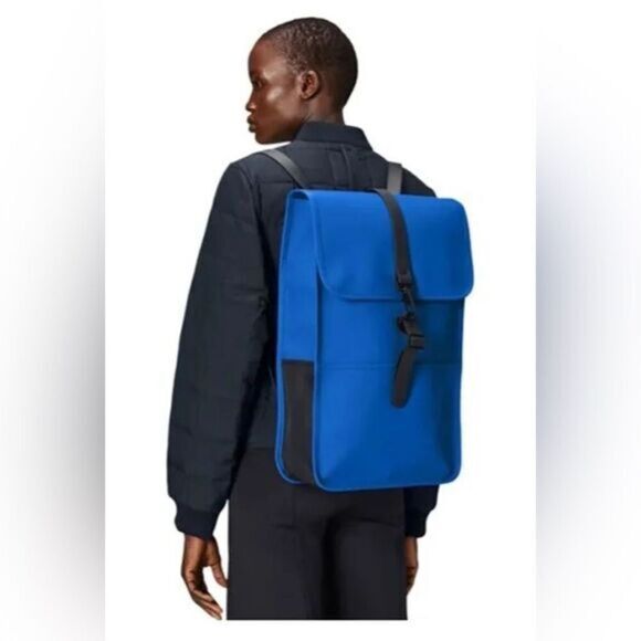NWT RAINS Waterproof Backpack W3 - Color Blue Waves - Secure Buckle Closure